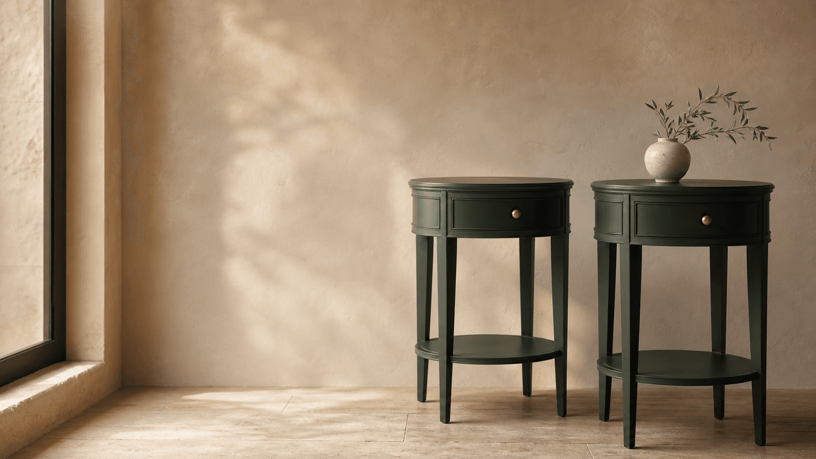 Refinished manor green side tables in a quiet editorial room.