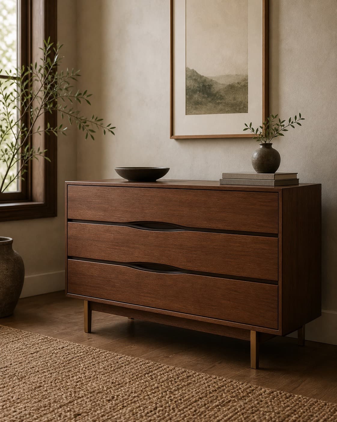 Walnut dresser shown in a closer editorial portrait crop.
