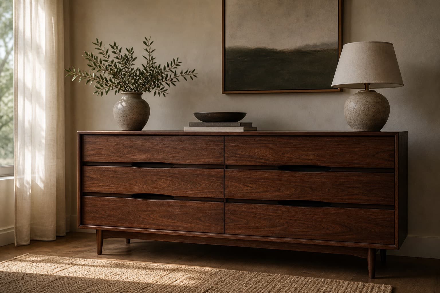 Walnut dresser in a wide room-context hero composition.